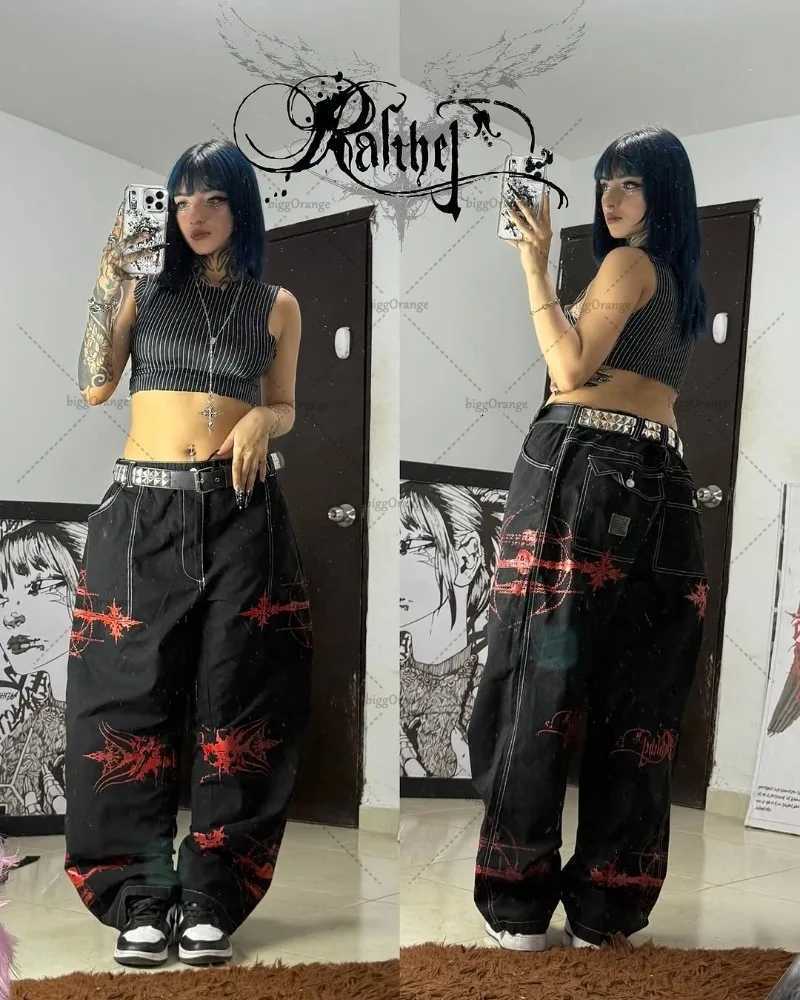 Harajuku Y2K Streetwear Trousers Women Vintage Retro Rock Baggy Jeans Gothic Punk Cross Print Straight Pants High Waisted Jeans Z250910