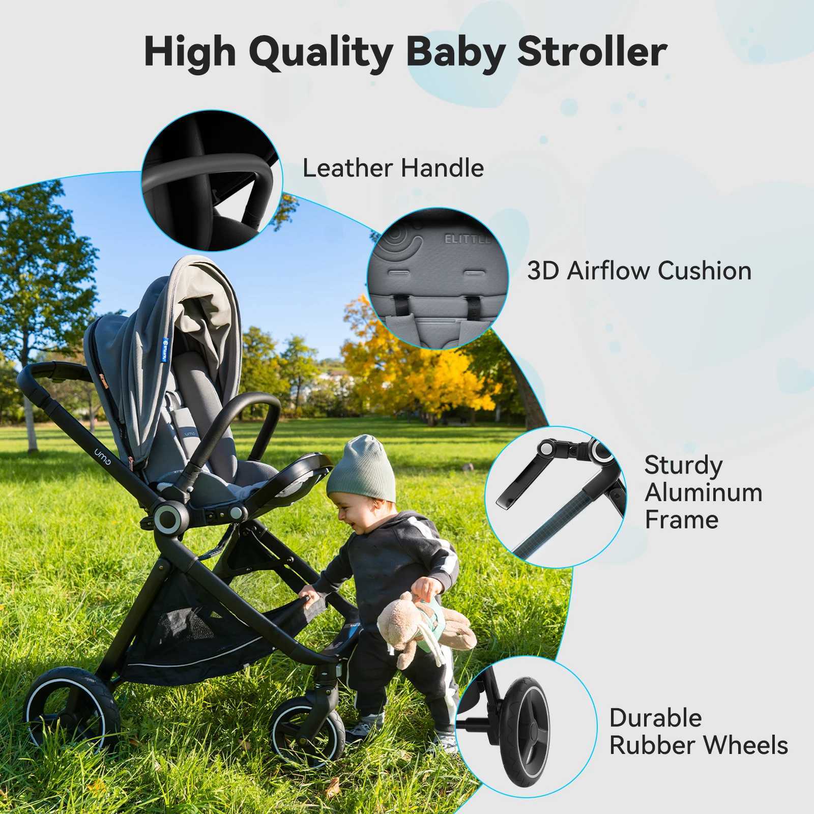 EMU Reversible Baby Stroller with Reversible Seat FullSize Infant Stroller with Full Recline Cockpit Compact Foldable Pram Carr W250910