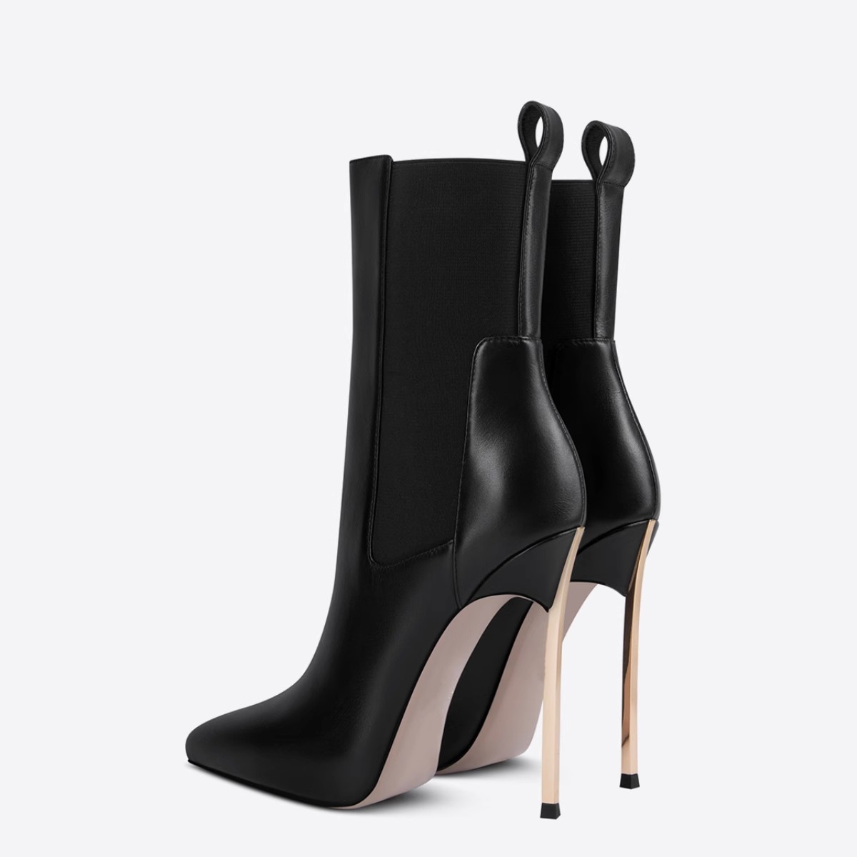 Chengdu Handmade Pointed Toe Chunky Heel Ankle Boots - Metal Accent Pull-On Boots (White/Black) European Style Fashion Boots