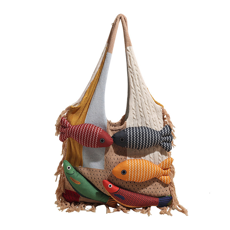 2025 Autumn New Lazy Style bag Knitted Handbag Fashion Large Capacity Cute Small Fish Patch Women's Shoulder Bag Designer Bag