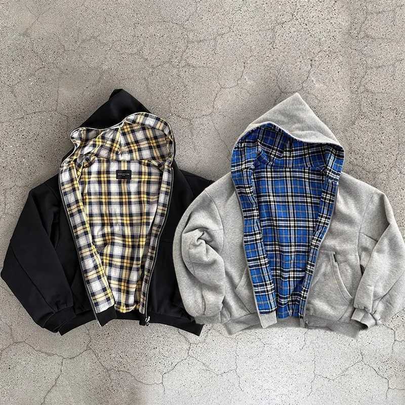 Casual Reversible Hoodies for Men Strt Clothes Oversized Zip Up Hoodie Simple with Plaid Lining Solid Color Retro Sweatshirt X250910