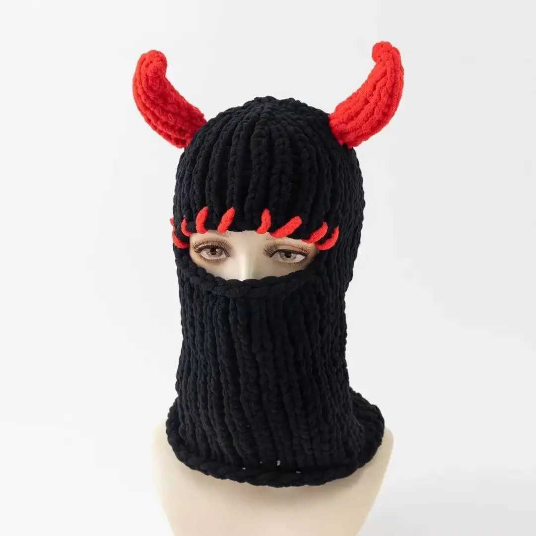 Y2K Long Rabbit Ear Funny Balaclava Hat Winter Thicken Warm Hand Made knitted Beanie Halloween Party Ski Mask Skullies CXJ250910