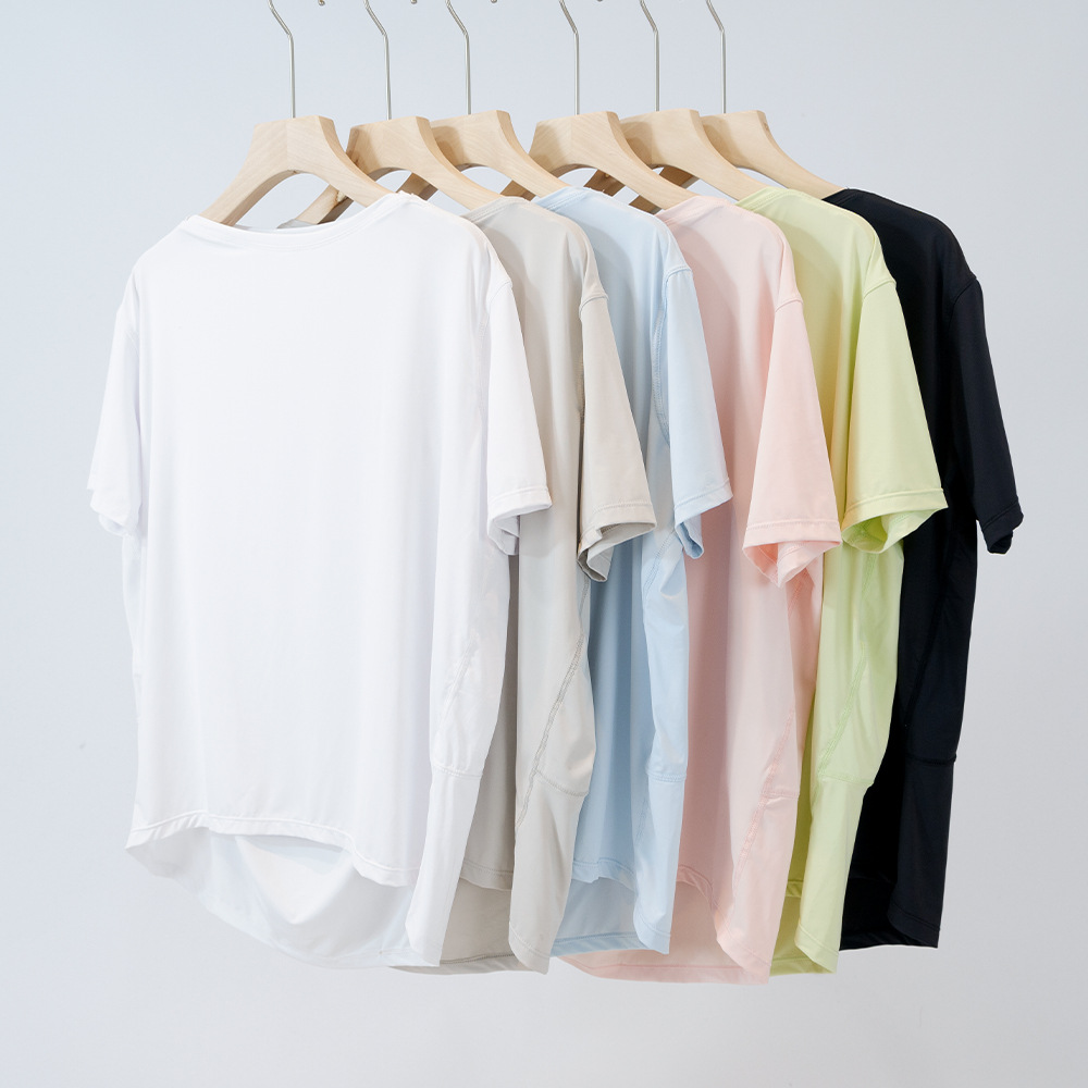 Womens Yoga Backaction T-shirt Summer Top Womens Round Collar Short Sleeve Elastic Breathable Sports Fitness Solid Color 813
