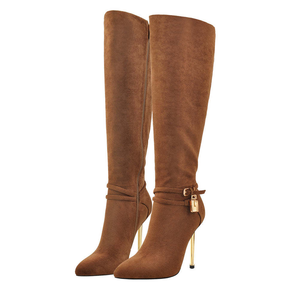 Chengdu Artisan Genuine Suede Knee High Boots - Metal Heel Lock Detail Pointed Toe Boots (Brown/Black/Custom) Size 46 Luxury Riding Boots