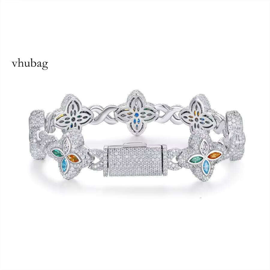 Fashionable Sier Chain Bracelet with Moissanite & Four-Leaf Clover Design - Stylish Hip Hop Gift for Birthdays, Unisex