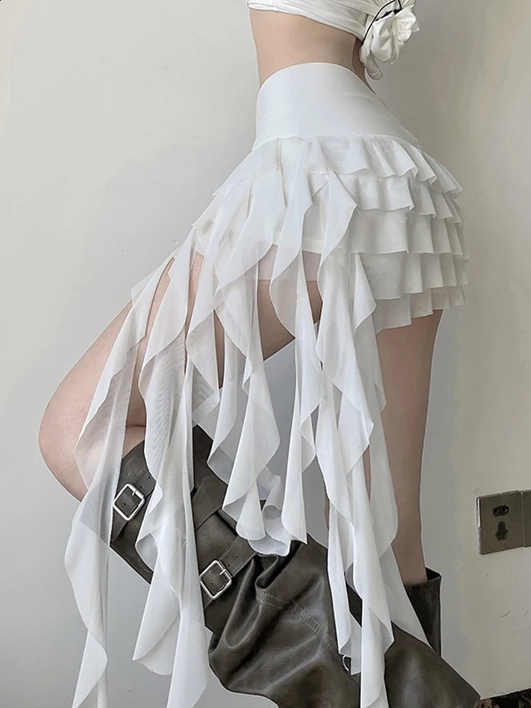 Zoki Ruffles Sexy Mesh Y2K Skirts Women Slim Streetwear Vintage High Waist Mini Skirt Harajuku Retro Irregular Skirt 250910 - view 4
