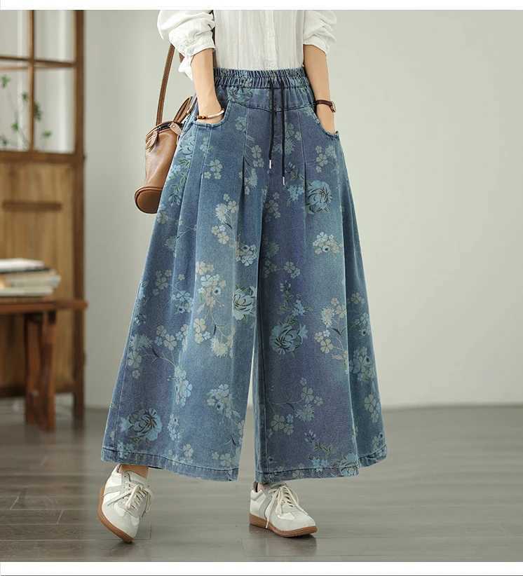 Printed Jeans For Women 2025 Autumn Vintage Extended Elastic Waist Loose Denim Casual Jeans Straight Wideleg Pants Z250910