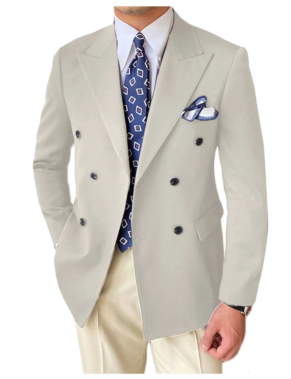 High Quality Brown Mens Suits Double Breasted Bespoke Double Breasted Peaked Lapel Formal Blazer Slim Fit Jacket Piece W250910