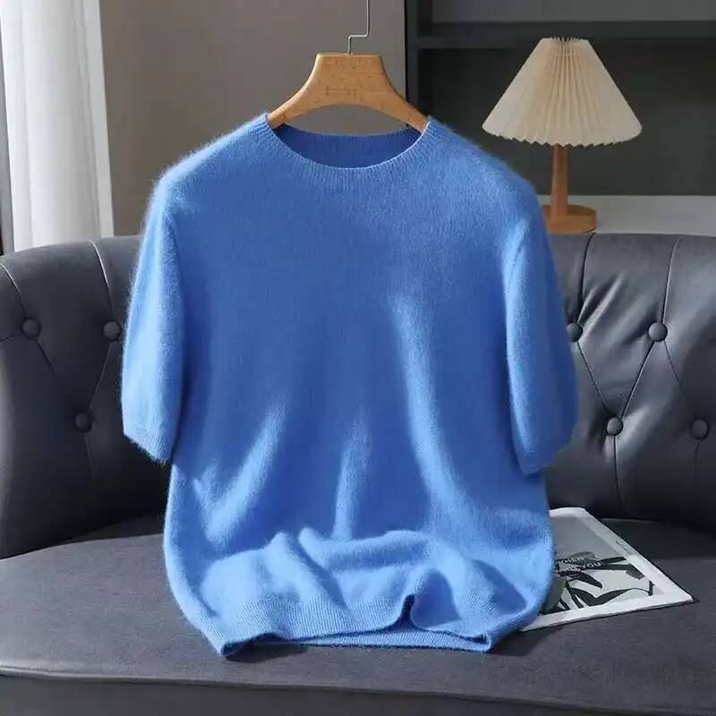 100% Mink Cashmere Knit Sweater Men's T-Shirt Spring Summer Loose O-Neck Solid Color Casual Business Base Pullover Short Sleeve dongdumaoyi