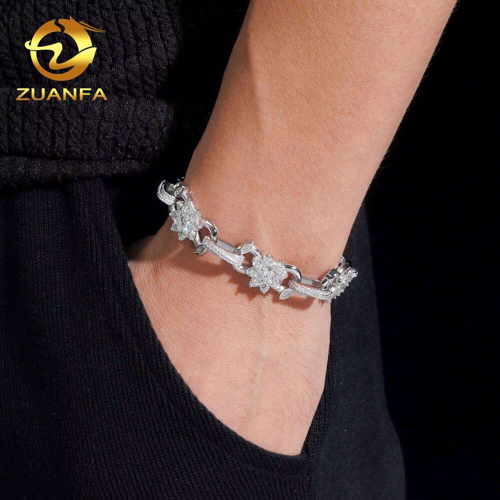 Hip Hop Jewelry 13mm Flower and Leaf VVS Cuban Link Sier Moissanite Iced Out Bracelet for Men Women