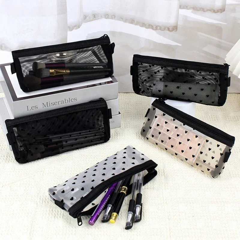 Clear Mesh Cosmetic Makeup Bags Case Makeup Brush Holder Cute Transparent Zipper Black Heart Printed Pencil Pen Case PouchXJ250910