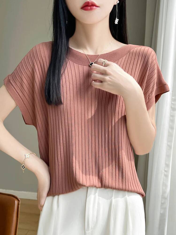 2025 Fashion Slash Neck Women Ice Silk Spring Summer Knitted Sweater Loose Casual Korean Shirts Short Sleeve Knitwears dongdumaoyi