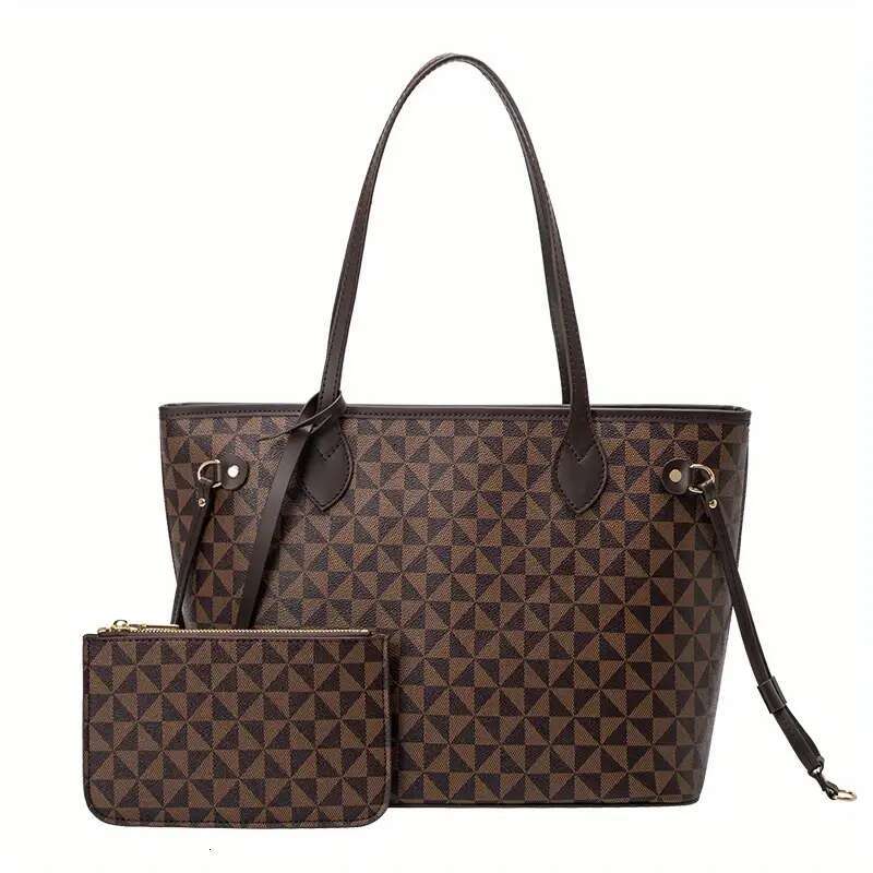 2Pc Women's High-Quality Light Print Commuting Fashion Large Capacity Tote Classic Son Mother Brown Printed Shoulder Bag