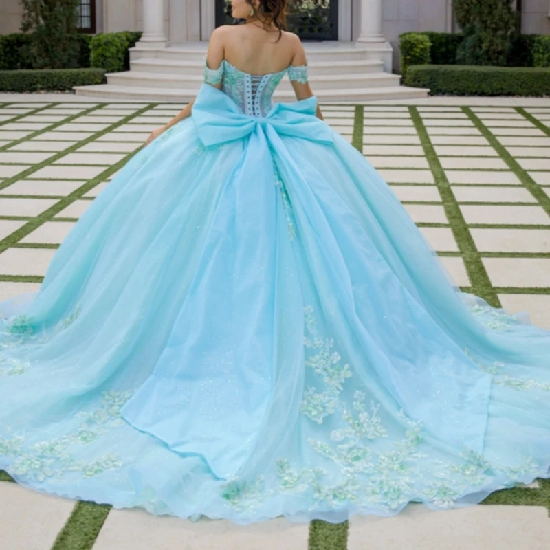 Light Blue Shiny Quinceanera Dresses Ball Gown Off The Shoulder Applique Lace Beads Bow Corset Party Birthday Tull Sweet 16 Dress Vestidos 15 De Anos
