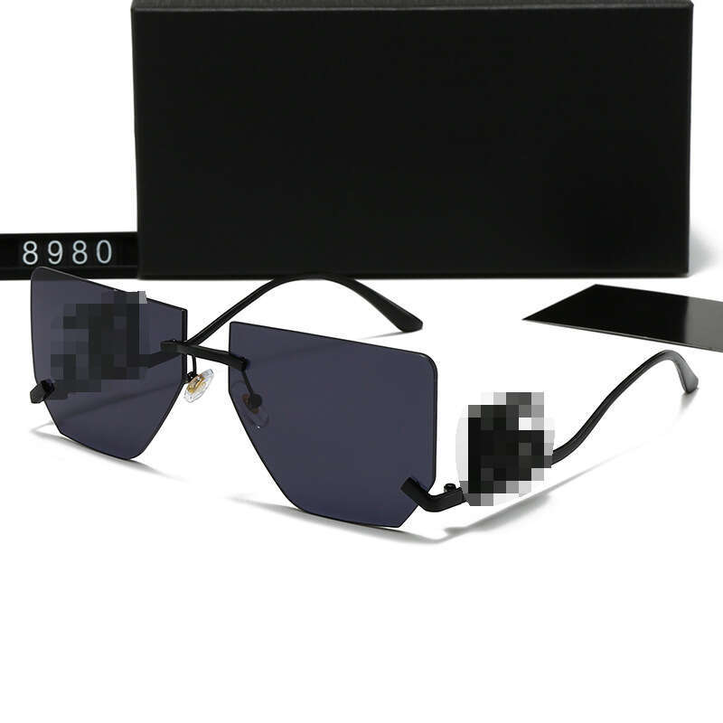 New Men and Women Metal fashion Rimless Cut Edge Large Frame Curved Leg Hollow Letter Sunglasses Korean Street Style Glasses 8980