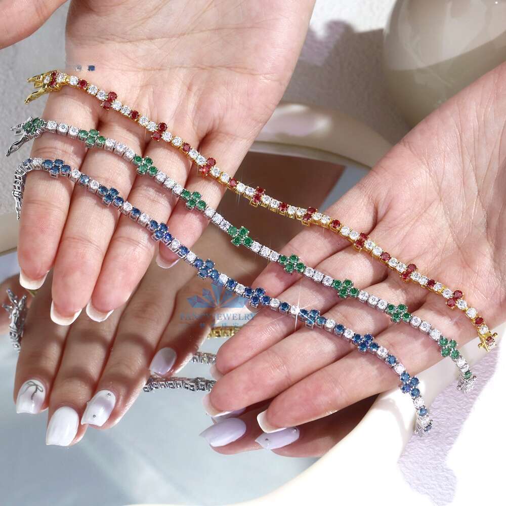New Arrival 3mm VVS Moissanite Dia Iced Four Leaf Clover Cross Tennis Chain Bracelet Sier Fashionable Femme Design