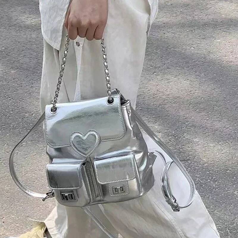 Richme Y2K Sier Women Backpacks Fashion Designer Mochila Femenina Heart Shaped Small Capacity Commute Bolso Mujer high-quality