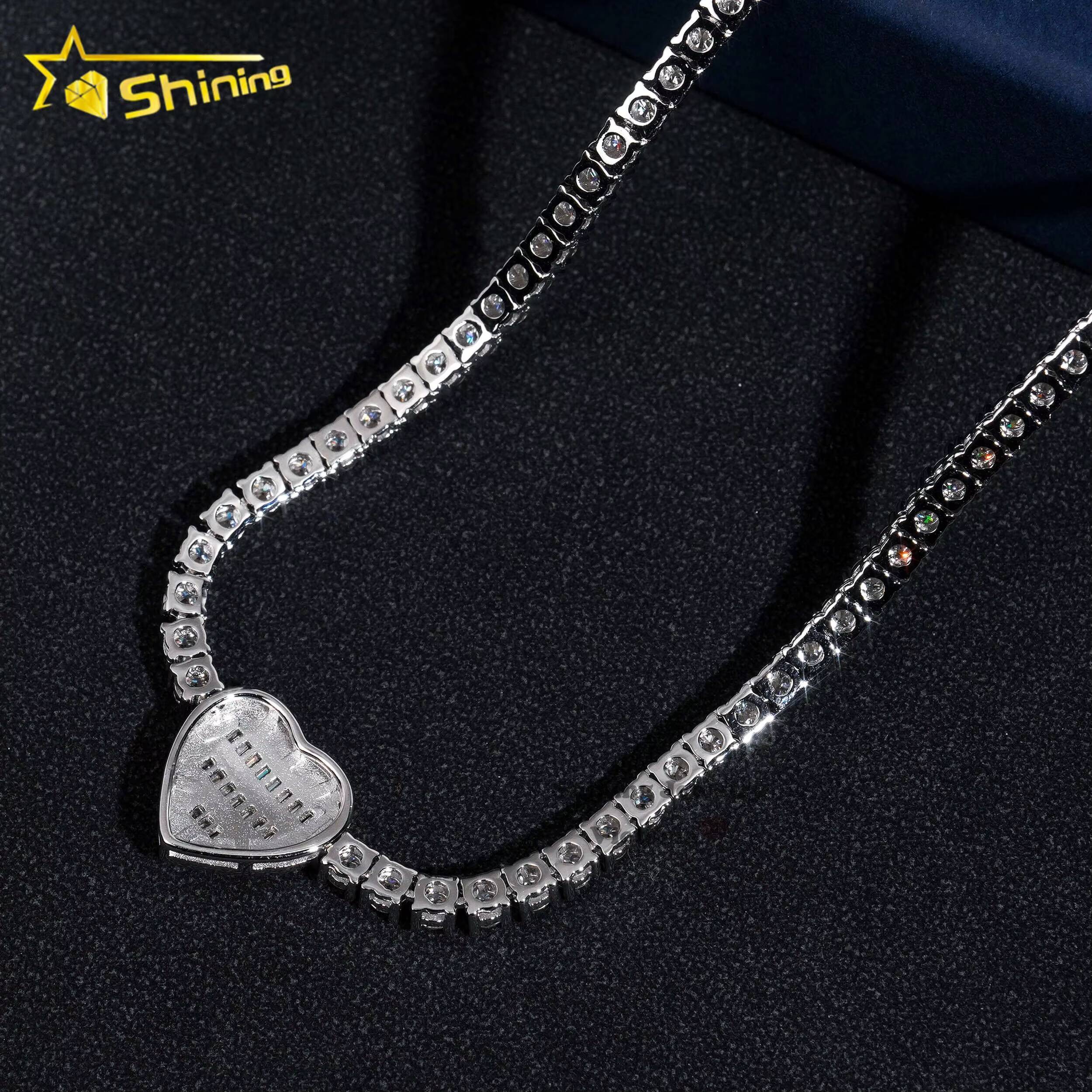 Fine Jewelry 3mm White Gold Plated 925 Sterling Silver Moissanite Diamond Iced Out Baguette Heart Shape Tennis Chain Necklace