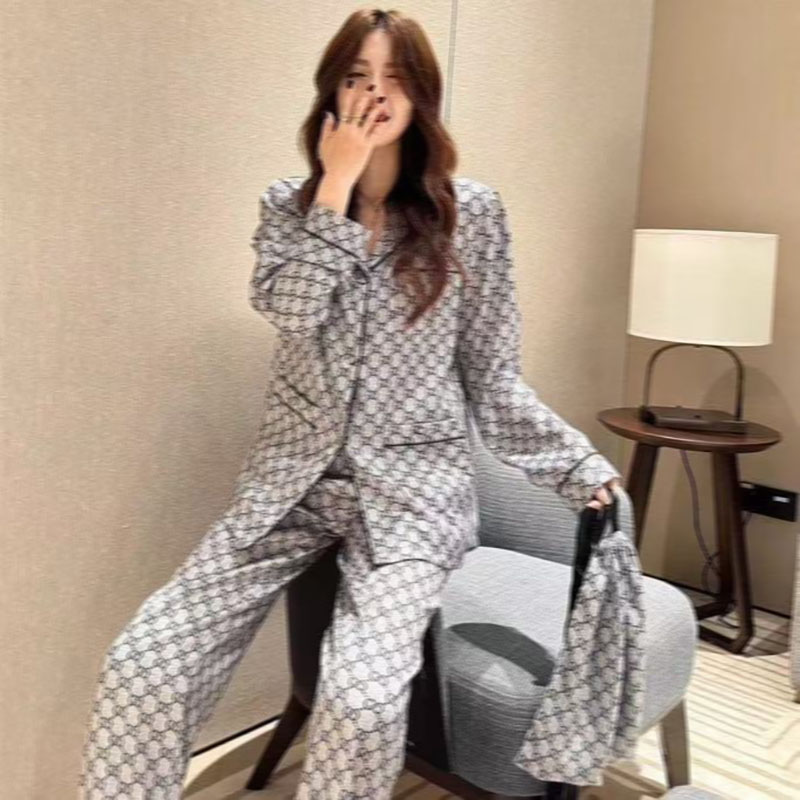 New designer casual autumn spring women's set high-quality printed home clothes long sleeved shirt with long pants setr