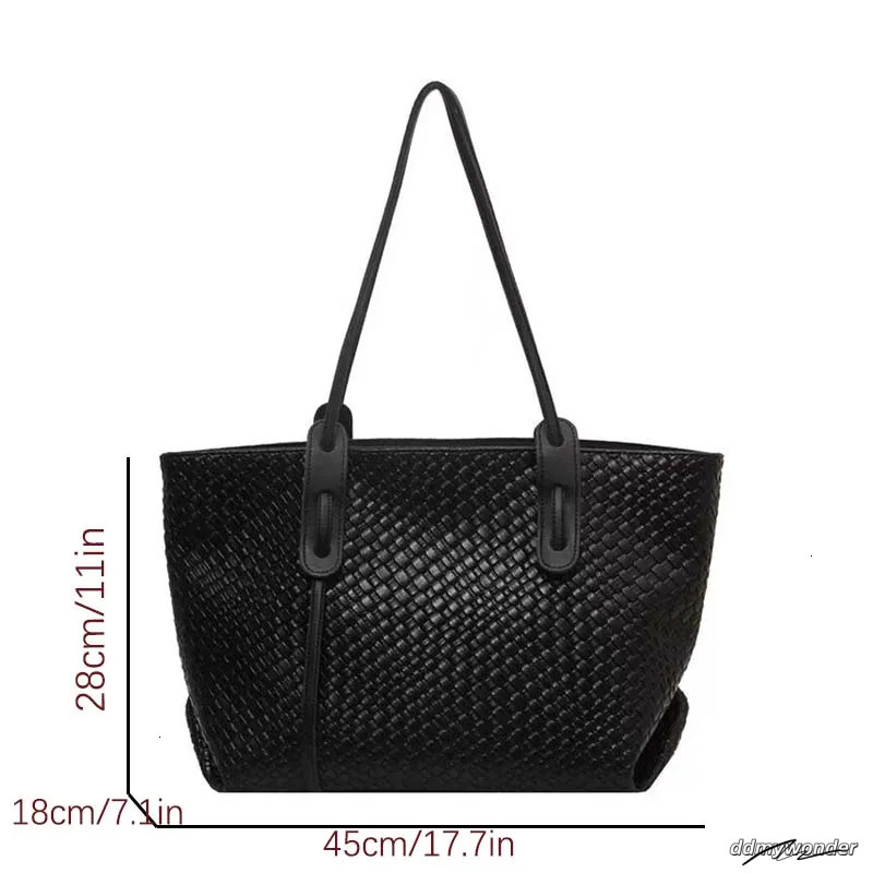 Retro Fashion Classic Solid Color Pu Woven Rhombic Lattice Double Handle Single Shoulder Large Capacity Tote Bag 250806