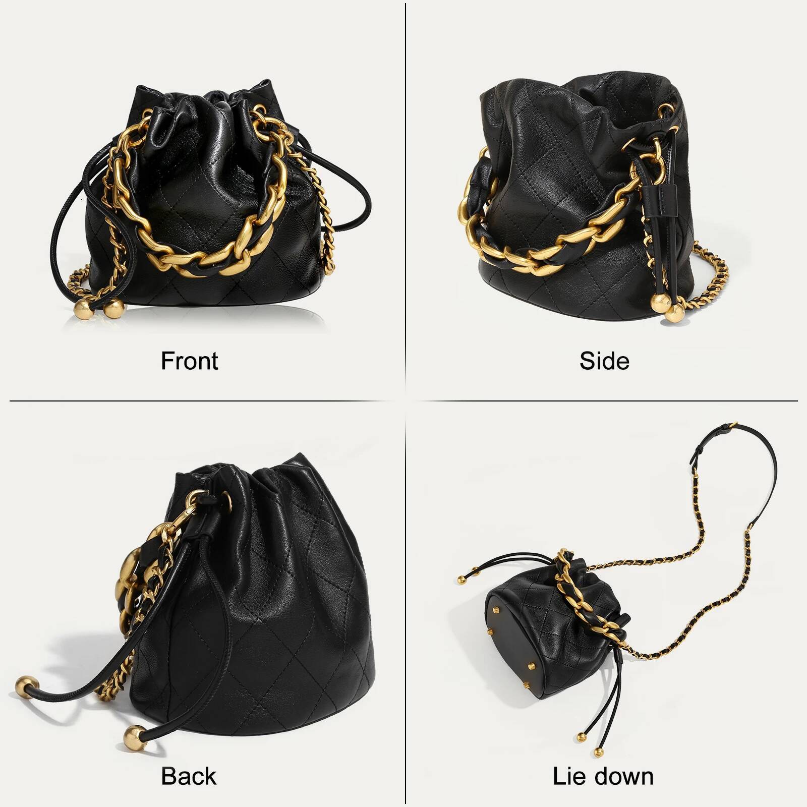 ITAMOOD Genuine Leather Quilted Bucket Fashionable Chain Crossbody Bag Women's Argyle Embroidered Drawstring Wallet for Gift high-quality