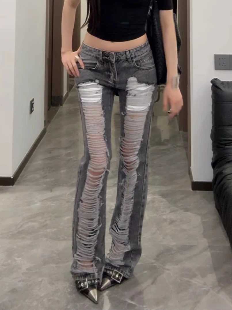 Womens Grey Ripped Skinny Jeans Harajuku Vintage Y2k Denim Trousers Japanese 2000s Style Emo Oversize Jeans Long Pants Clothes Z250910