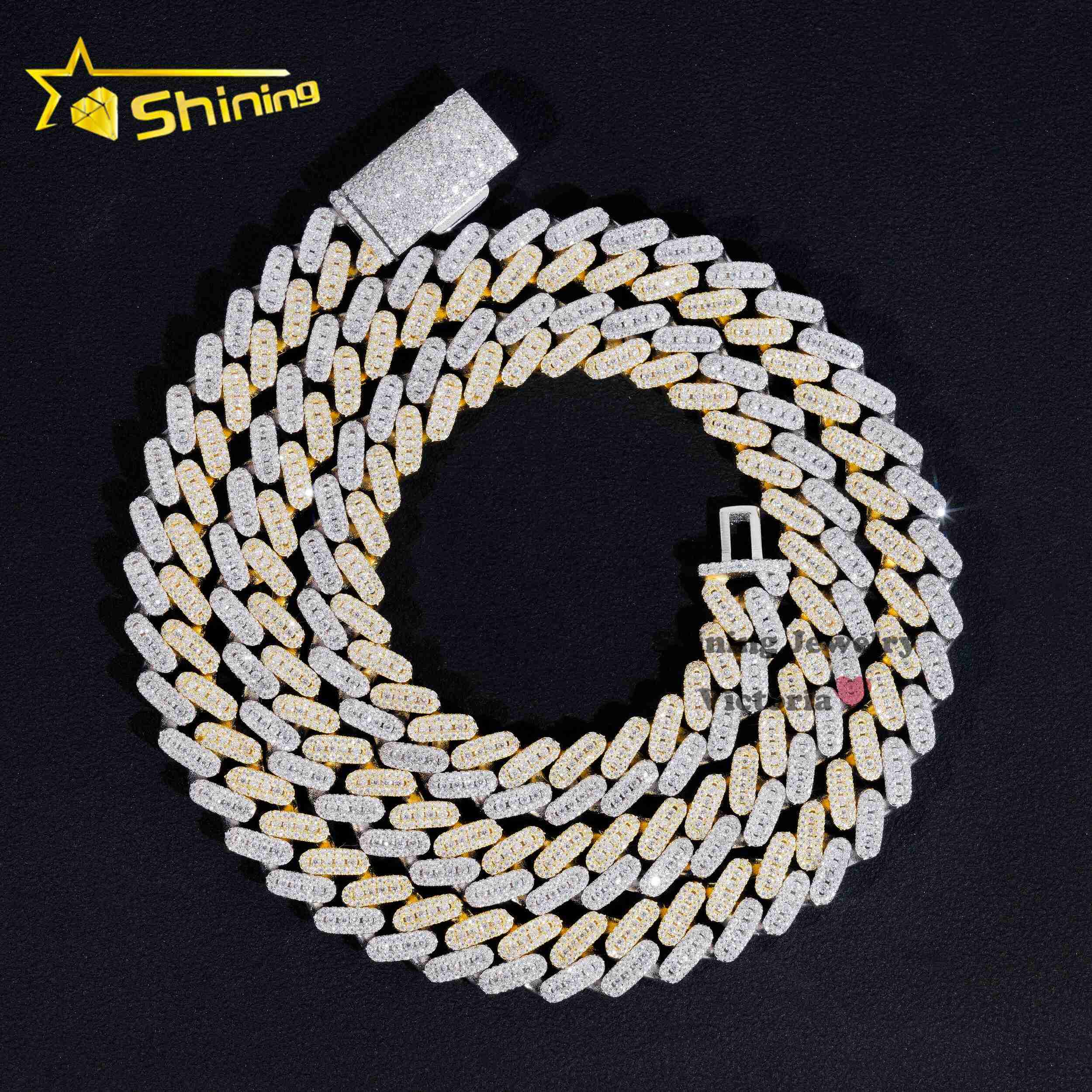 Trendy Pass Diamond Tester Charm Necklace 10MM Three Rows Two Tone Gold Plated 925 Silver Moissanite Diamond Cuban Link Chain