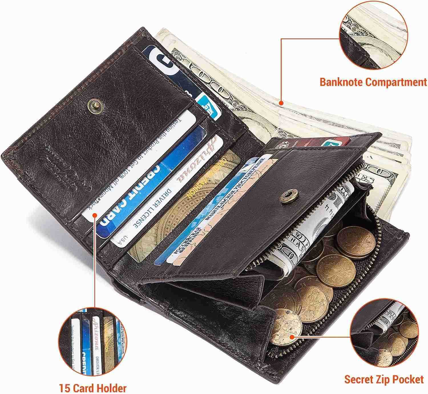 Chain Wallet for Men Genuine Leather Bifold Wallets Rfid Blocking Men Purse with Zipper Coin Pocket CoffeeZ250910