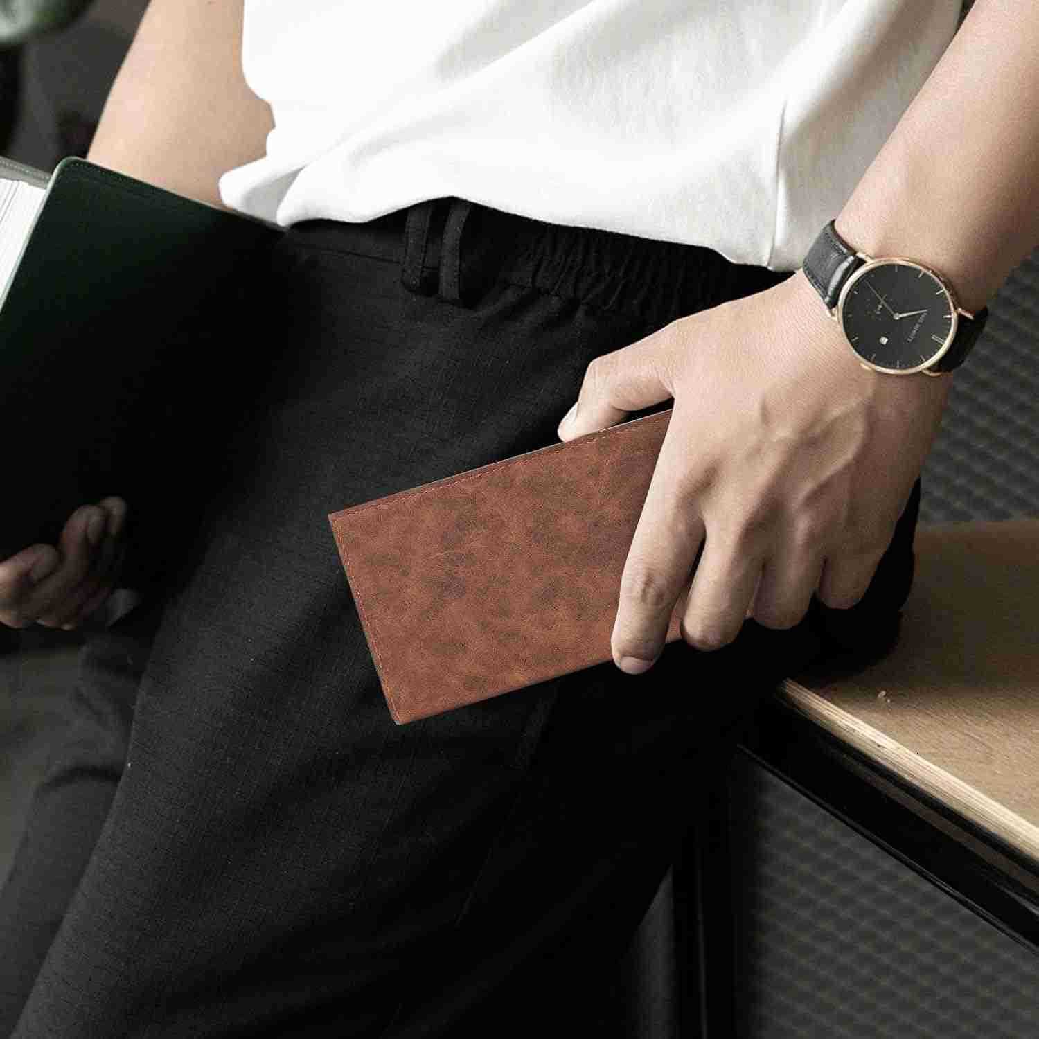 Mens Wallet PU Leather Card Wallet Card Holder Wallet with Multiple Card Slots for Men Long Bifold Travel Wallet Slim Wallet with ID Window for Travel