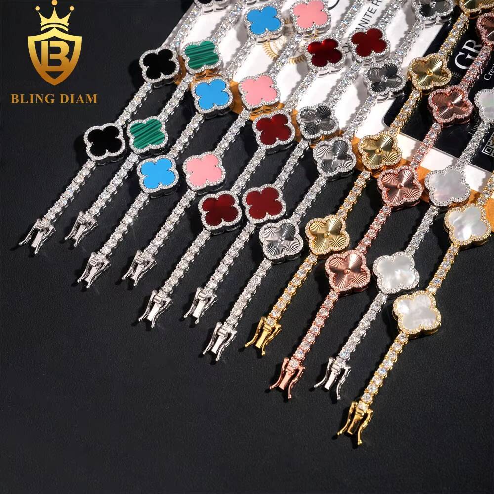 Fashion Flower Clover Leaf Moissanite Tennis Chain Moissanite Bracelet 925 Silver 3mm Moissanite Bracelet Pass Diamond test