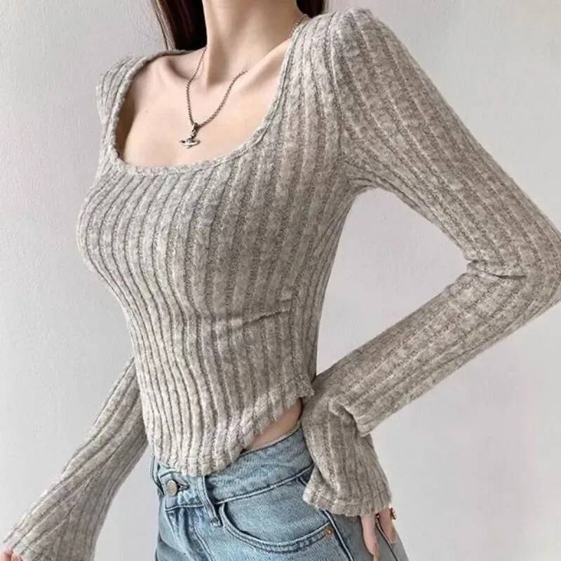Sexy Pullovers Women Off Shoulder Cropped Knitted Basic Clothes Autumn All-match Side Slit Simple Tender Slim Gentle Seductive dongdumaoyi