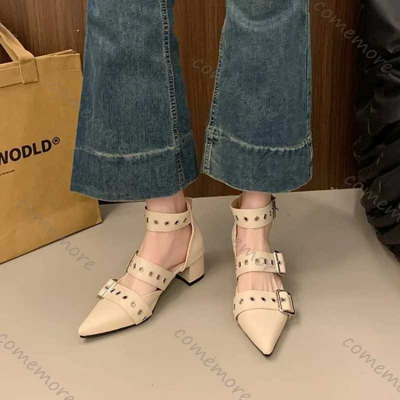 Comemore Retro Belt Buckle Pointed Pumps Chunky High Heeled Riveted Shoes Hollowed Out Solid Womens Baotou Thick Heel Sandals W250910