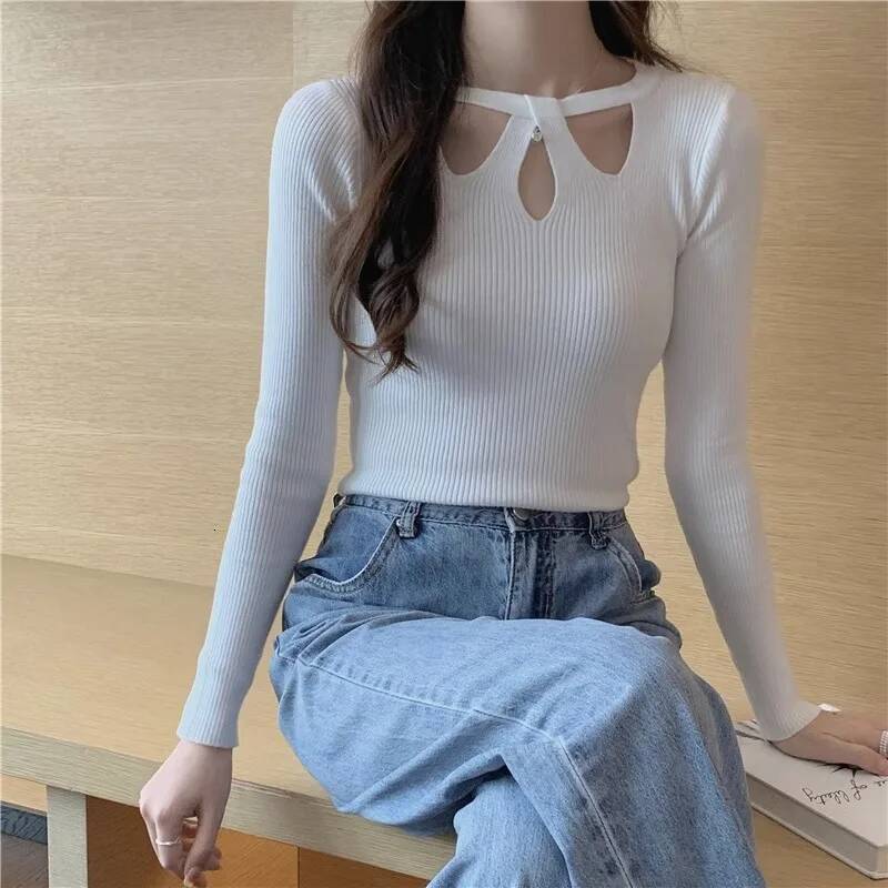 2024 New Autumn and Winter Women's Stretch Sexy Pullover Hollow Solid Color Slim Bottoming Shirt Sweater Ladies dongdumaoyi