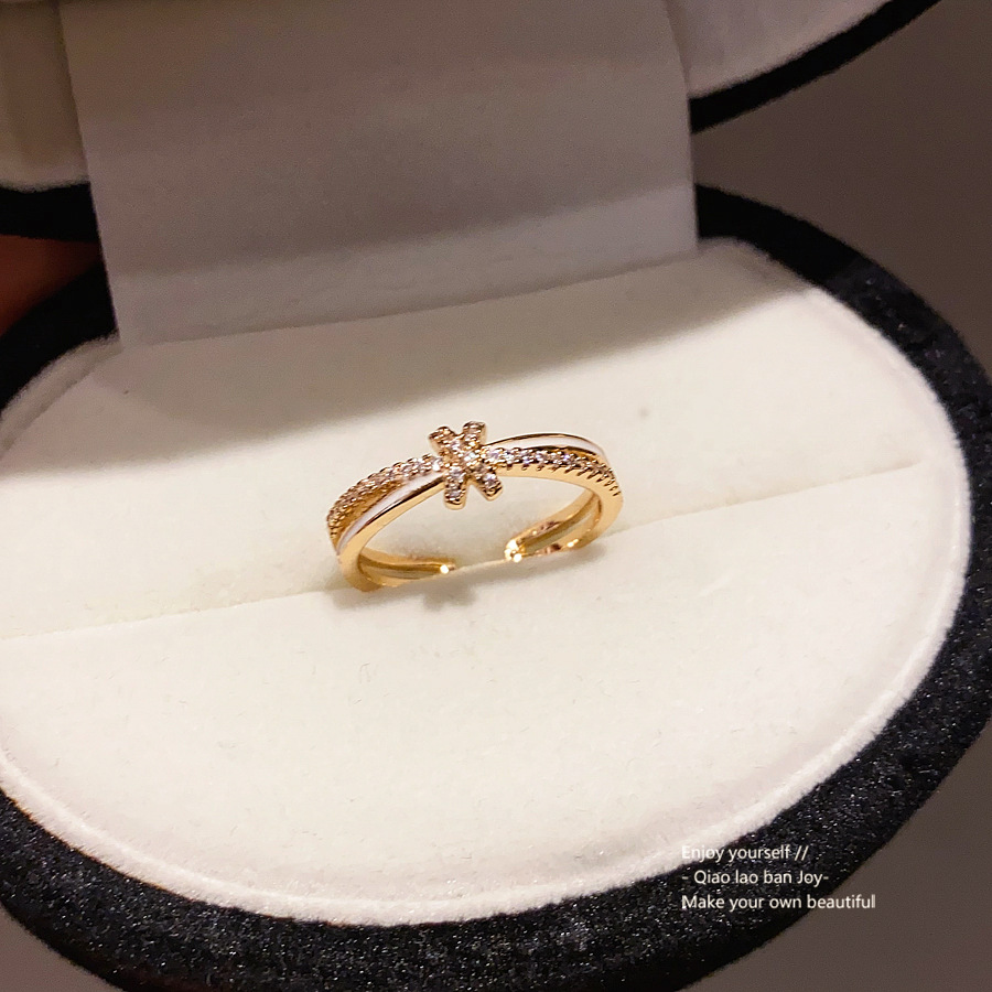 Gold - Toned Ring With Cross - Shaped Diamond, Twisted Pave Detail Delicate Daily & Elegant Jewelry Gift For Her High - Quality And Charming Accessory