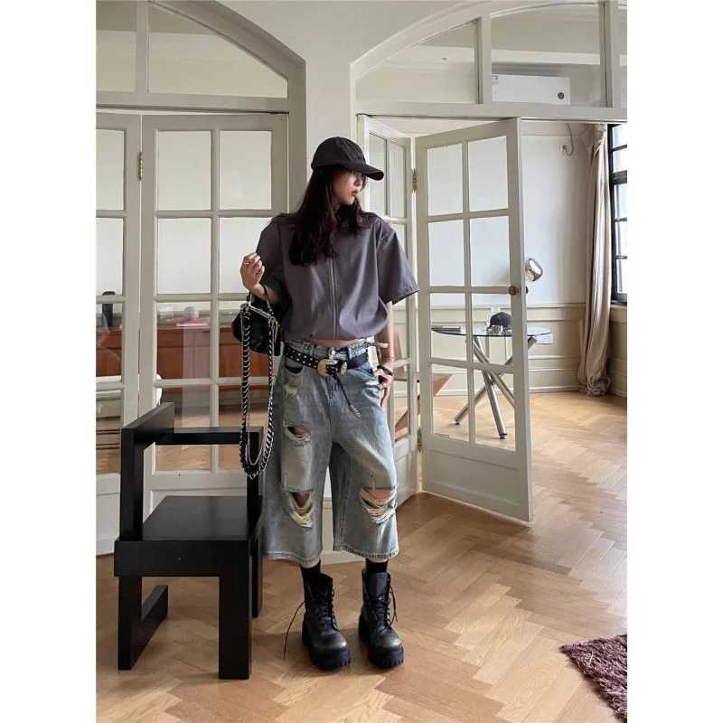 American street high waisted ripped wide leg jeans for women loose and casual retro washed straight leg cropped pants Z250910
