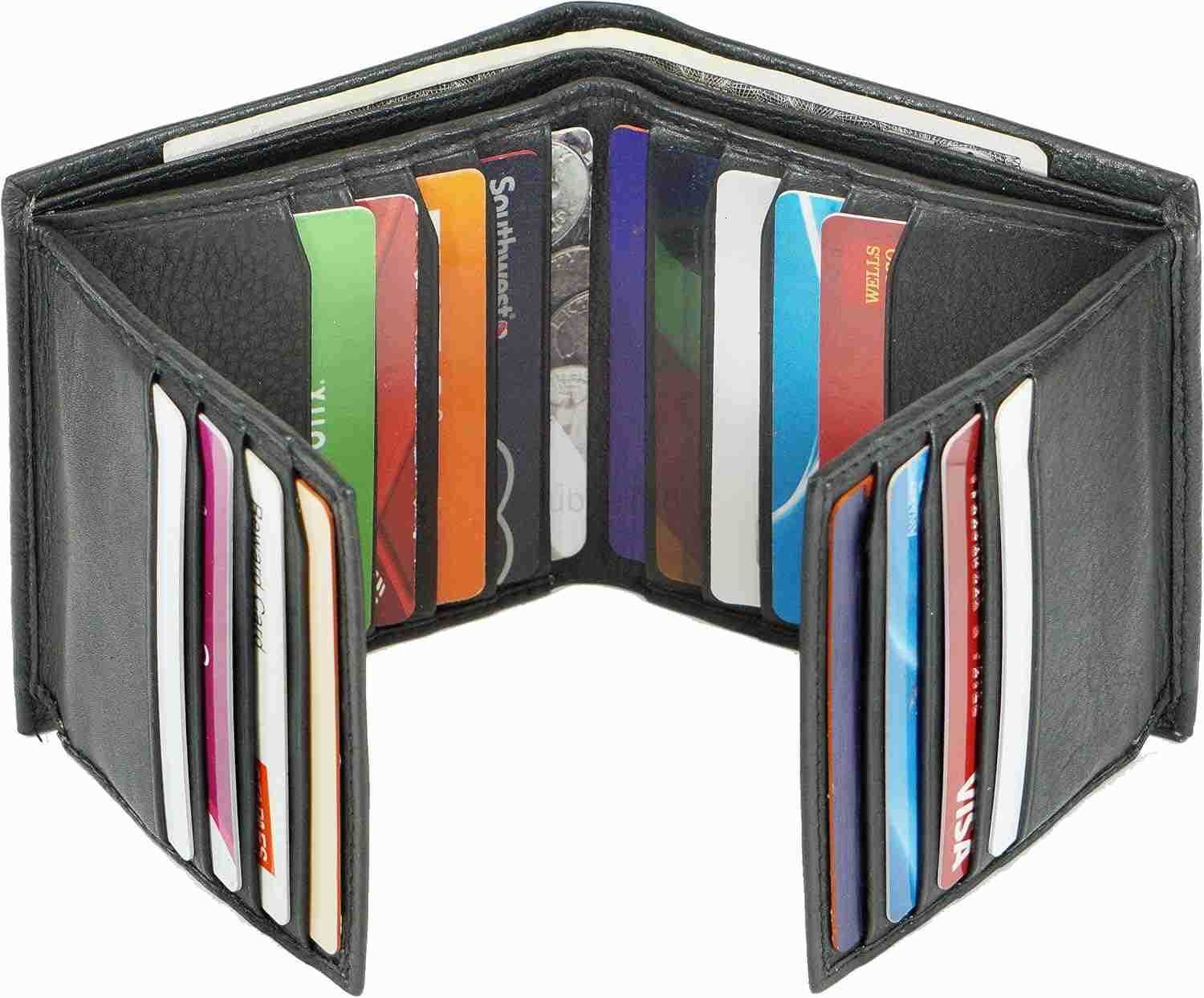 Genuine Nappa Cow Leather Thick Dual CARD ID Flap Quad Fold Large Bifold Mens Wallet Passcase RFIDZ250910