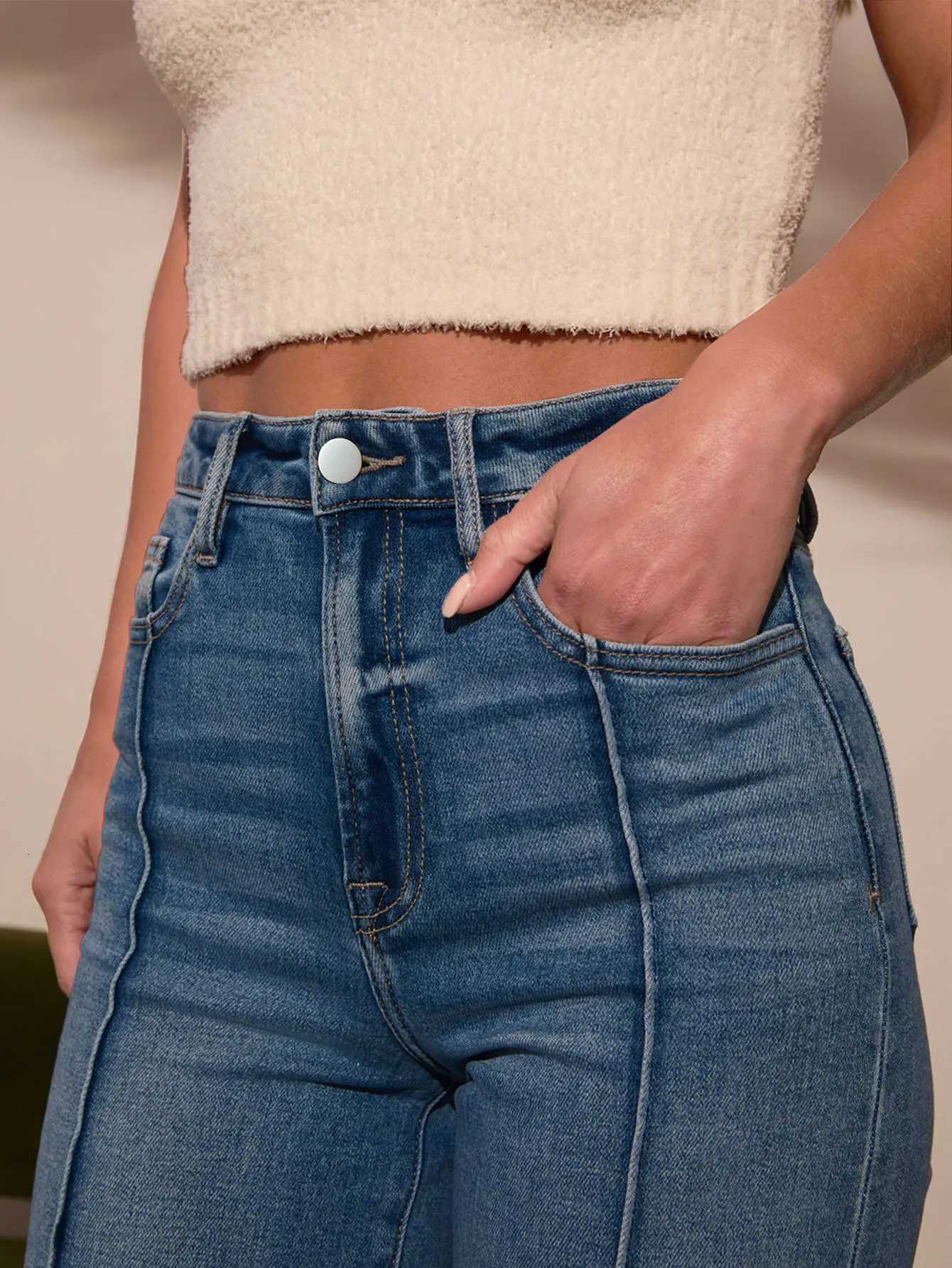 Autumn new womens dark blue high waist straight jeans slim fit wide leg version stretch denim fabric elegant intellectual jeans Z250910