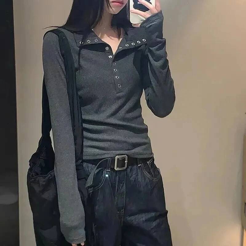 Fall Winter Long Sleeve Knit Pullovers Woman Y2K High Street Button Up Sweaters for Women Vintage Gray Ribbed Bottoming Tops dongdumaoyi