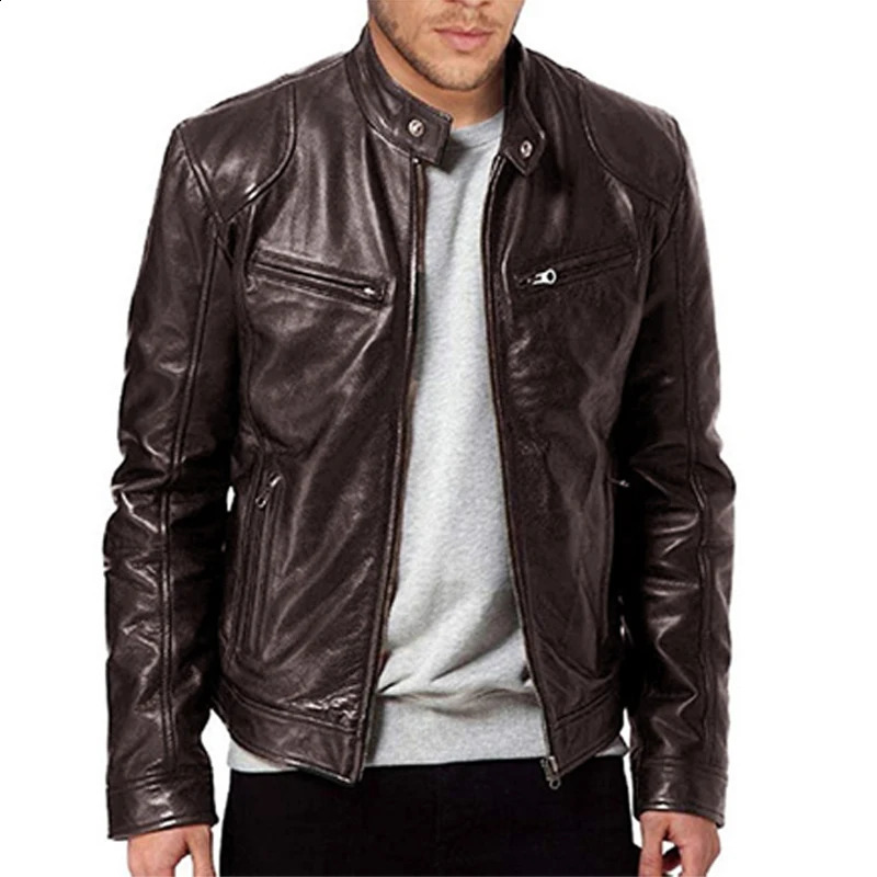 Men s Retro Leather Jacket Stand Collar Biker Slim fit MultiPocket Coat Autumn Winter Outwear 250910