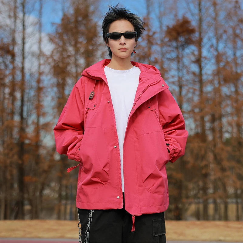 Pink Outdoor Camping Jacket Womens Autumn Loosefit Hooded Jackets Elegant Long Sleeve Fashionable Harajuku Bf Windbreaker Coat 250909