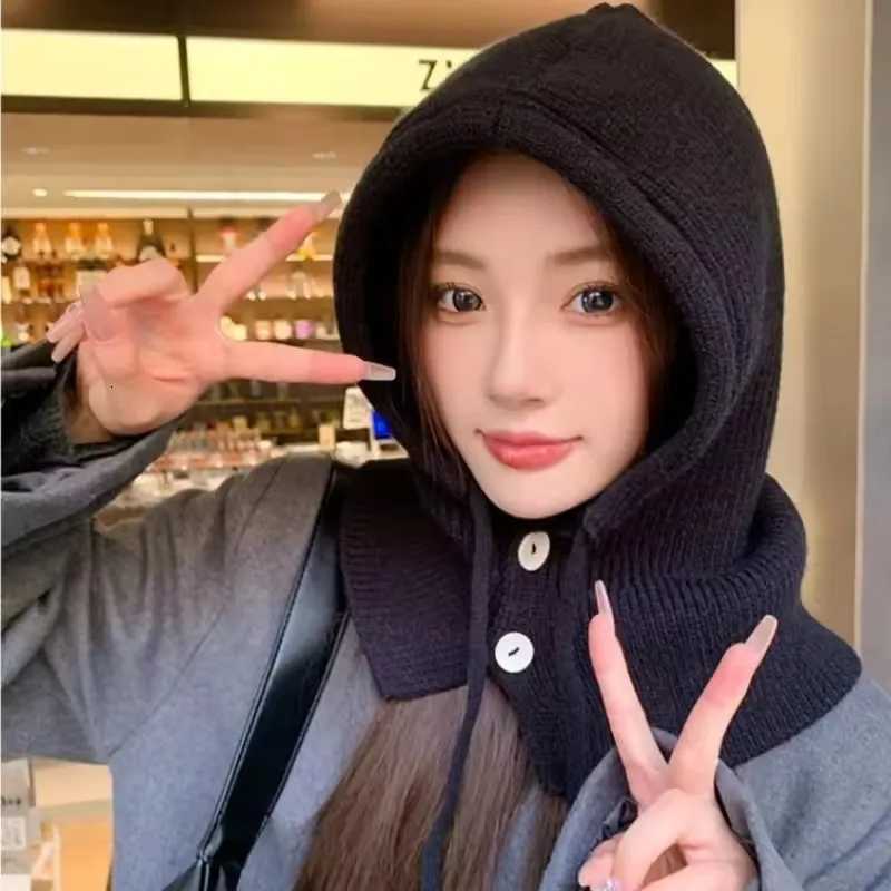 Knitted Hooded s Winter clava Hats Wen Korean Sty Outdoor Warmer Drawstring Hats Onepiece Neck Collar Beanies G250910