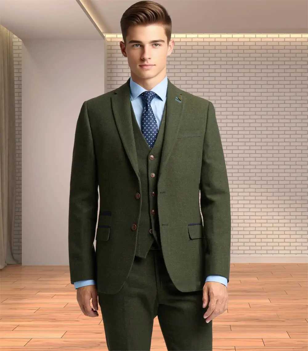 3pcs Suit Jacket Vest Pants Latest Mens AutumnWinter Set Herringbone Pattern Italian suit slim fit for Business Work W250910
