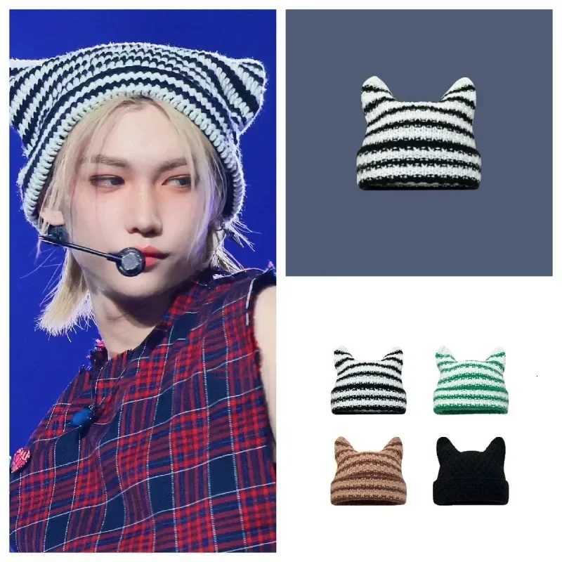 2023 Korean Wave Felix INS Black and White Stripe Knitted Cat Rabbit Ears Woolen Hat Fashion Trend Accories HatXJ250910