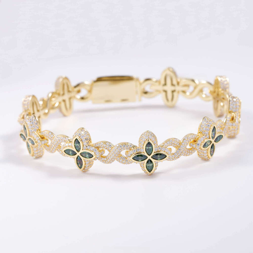Charm Colorful Marquise Eye Moissanite Four Leaf Clover Sier Cuban Chain Mens Women Jewelry Bracelet Bangles