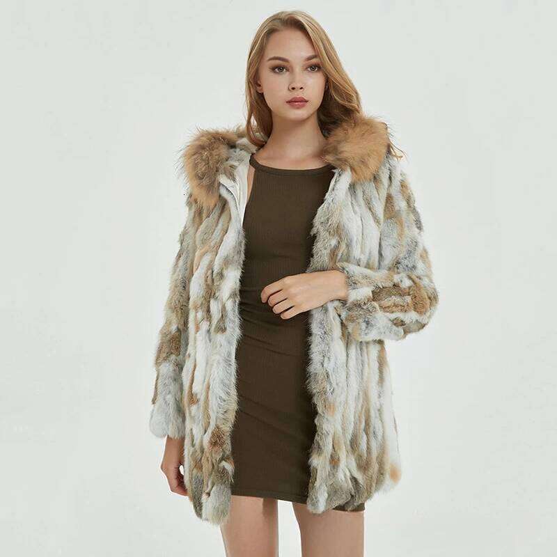 Designer Clothing 2025 Women Natural Hooded Coat Winter Warm 100% Genuine Jacket With Raccoon Collar Lady Real Rabbit Fur Outerwear Luxury Bag
