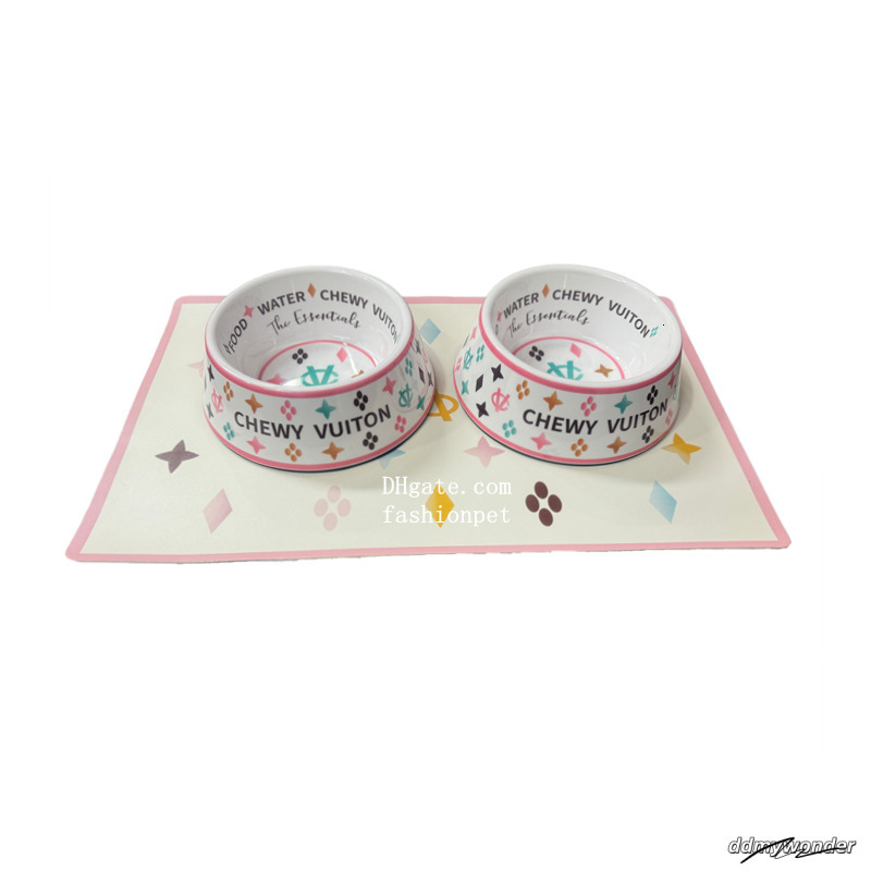 Designer Bowls And Placemat, Water Bowls, Grade BPA Free, Non-Skid Bottom Dishwasher Safe, Dog Food Mat Included, White 23Oz J01 ddmywonder ddmywonder