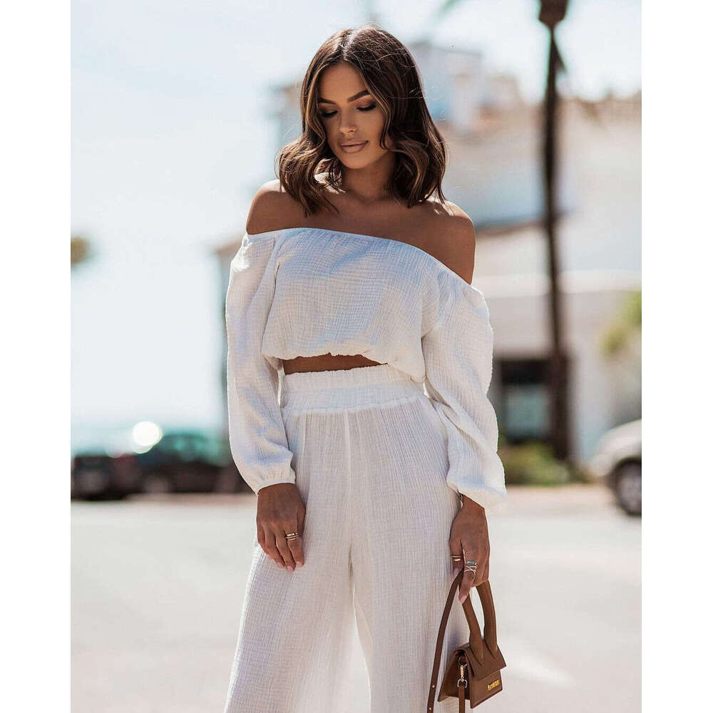 2024 European and American new short-sleeved off-shoulder top straight-leg pants solid color commuting two-piece set