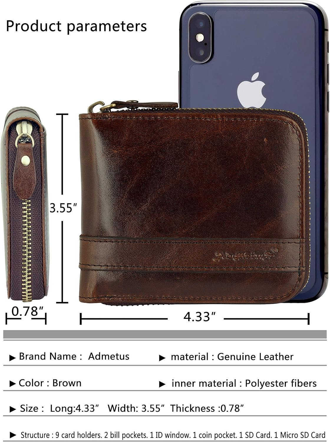 Mens Genuine Leather Short Ziparound Bifold WalletZ250910