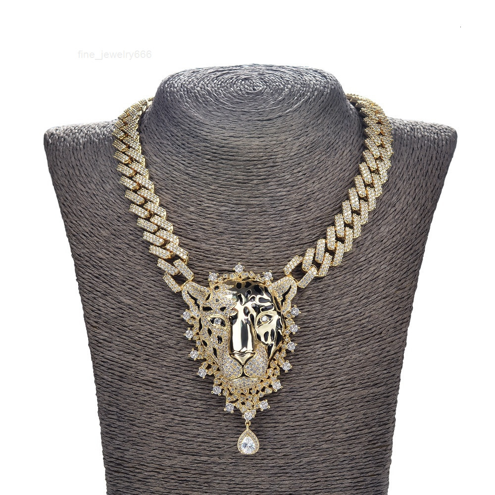 High Quality Custom Cuban Link Chain Hip Hop Leopard Pendant With Cuban Link Necklace Set for Men