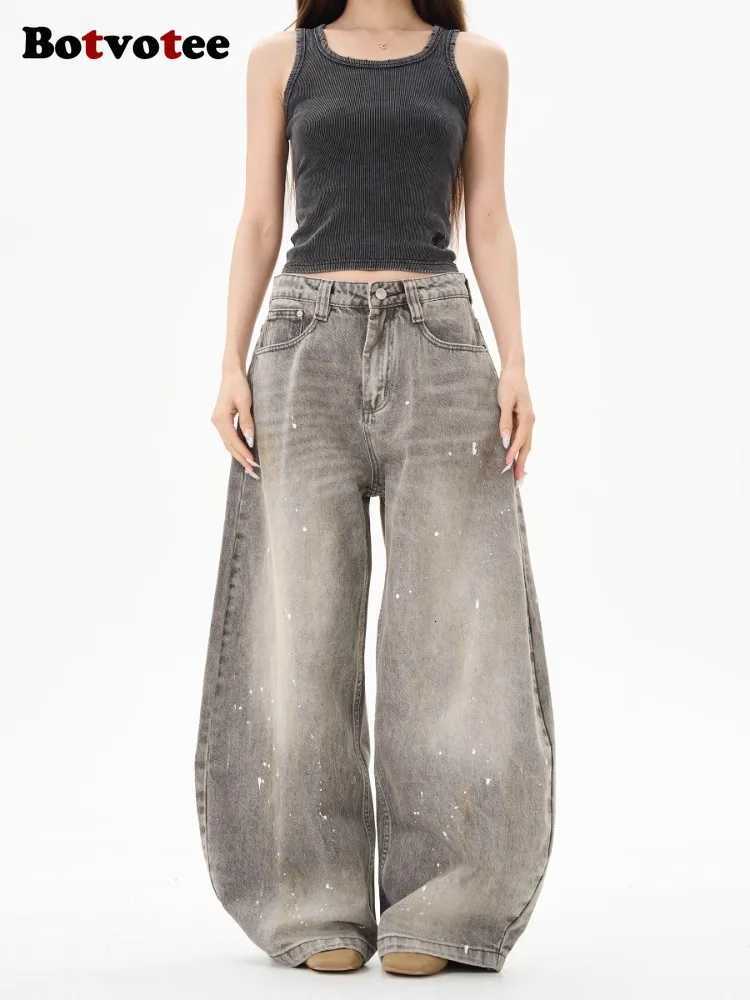 Botvotee American Vintage Splatter Paint Gray Baggy Jeans for Women High Waisted Wide Leg Y2k Loose Streetwear Jean Denim Pants Z250910